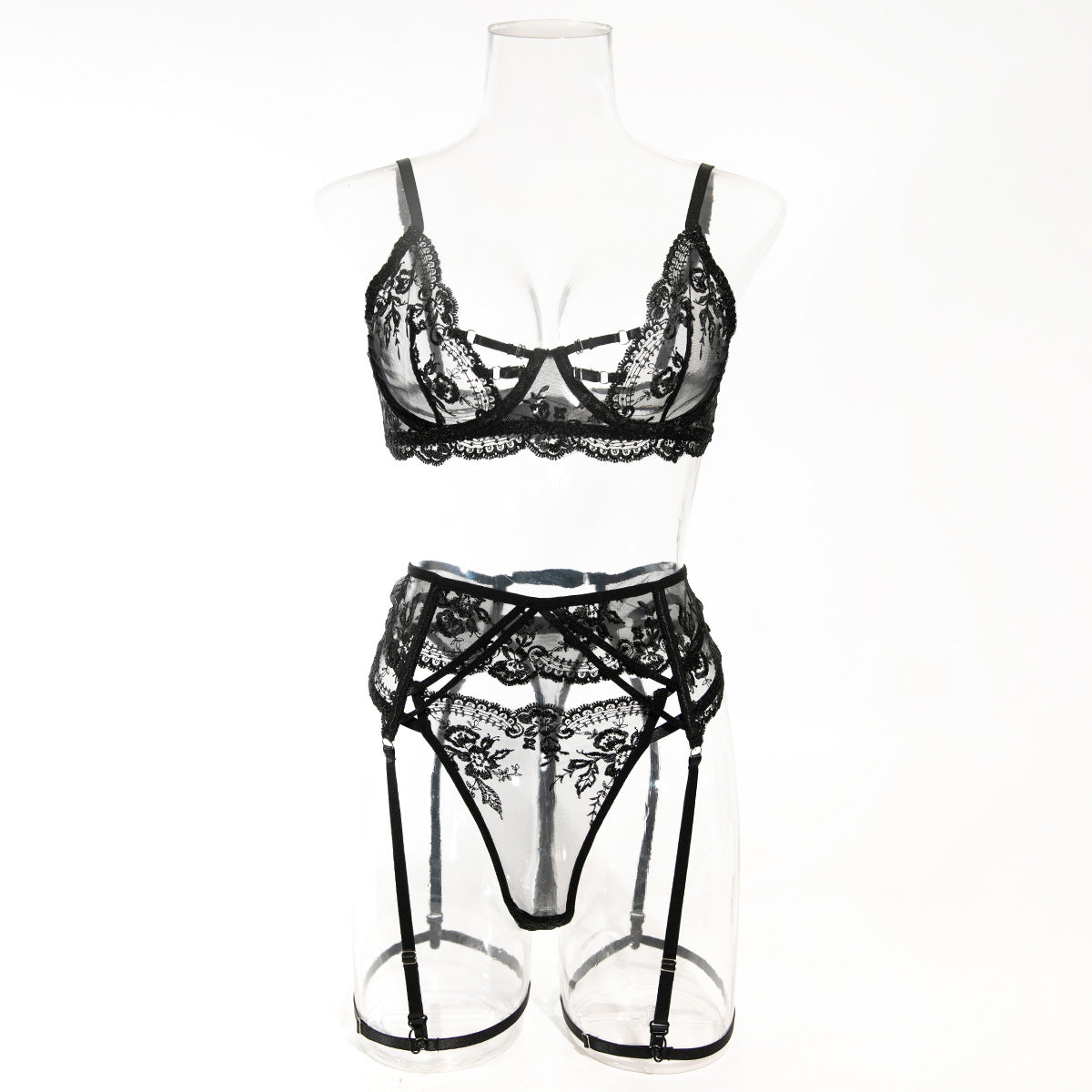Embroidered Lace Lingerie Set with Suspenders