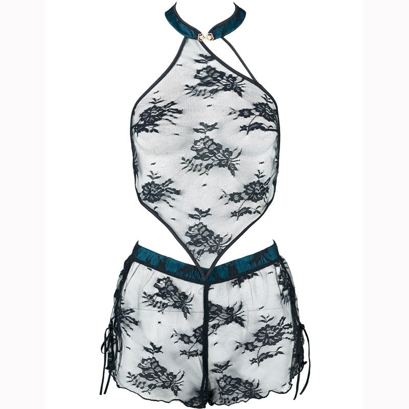 Completo da notte in raso e pizzo celadon