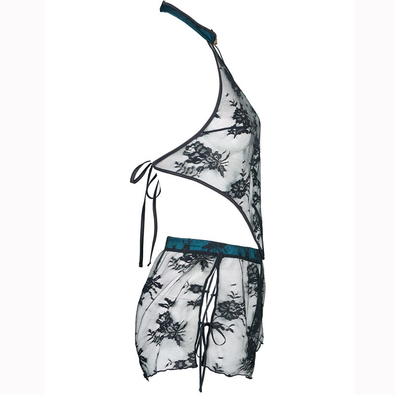 Completo da notte in raso e pizzo celadon