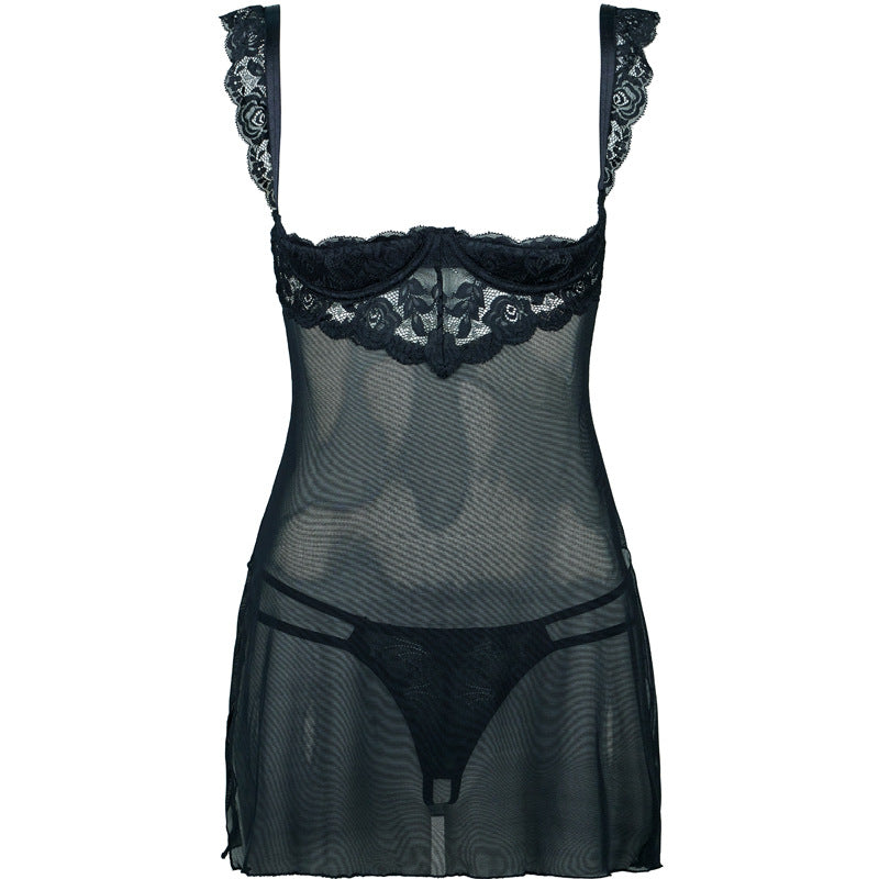 Completo babydoll in chiffon trasparente con coppa aperta