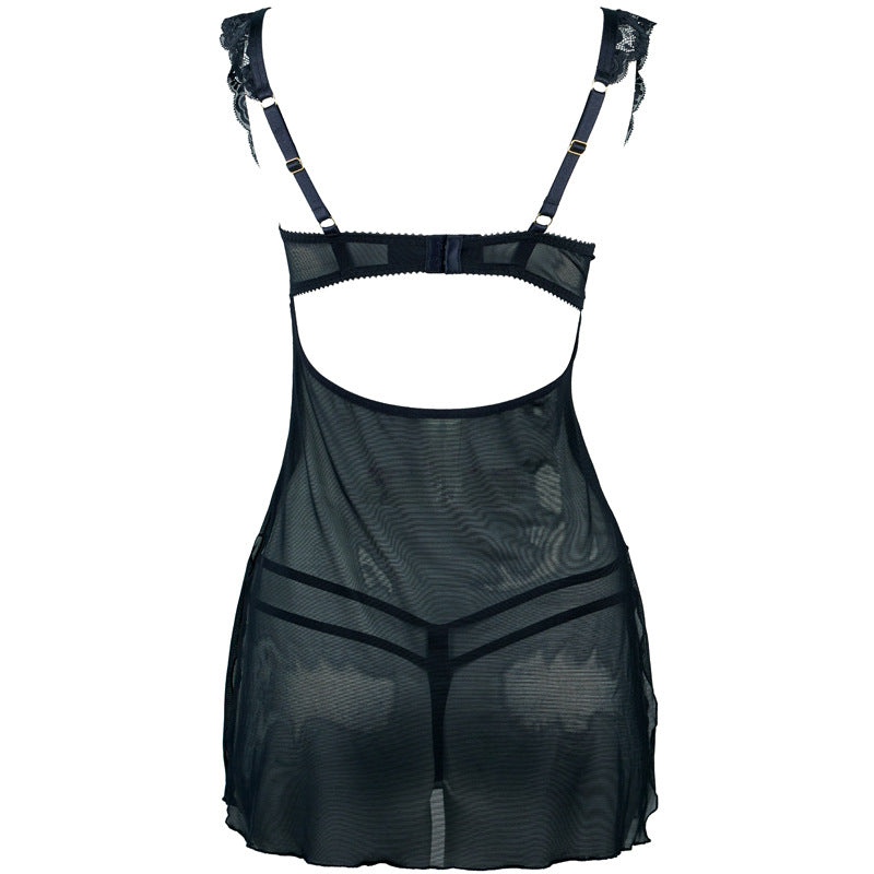 Completo babydoll in chiffon trasparente con coppa aperta