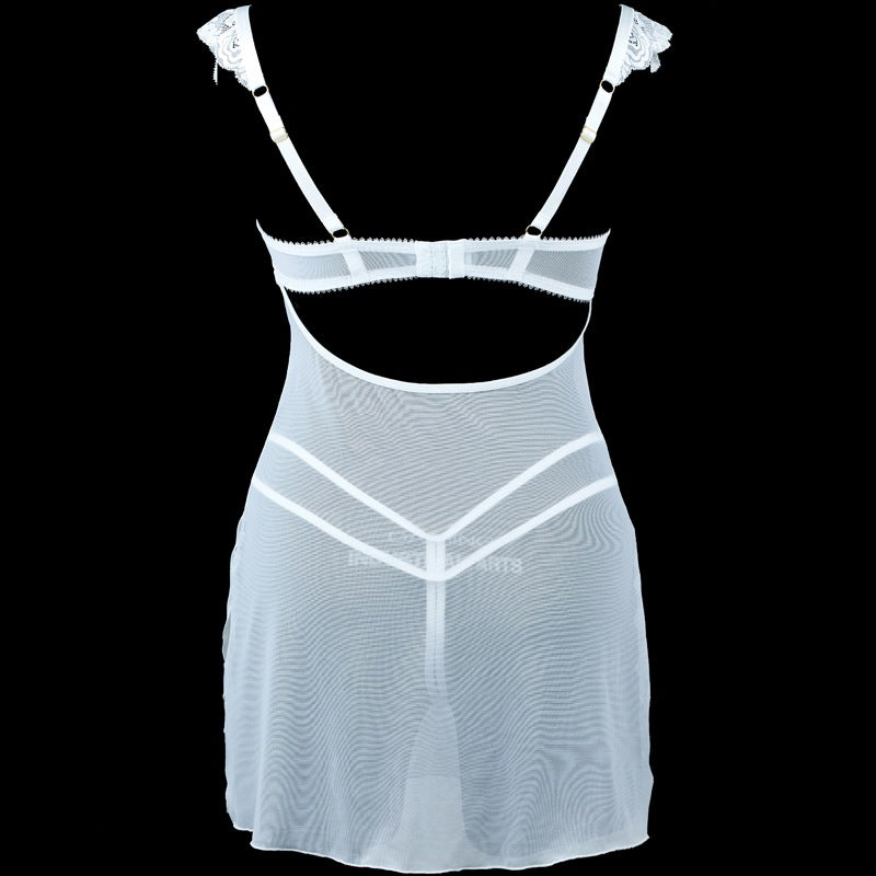 Completo babydoll in chiffon trasparente con coppa aperta